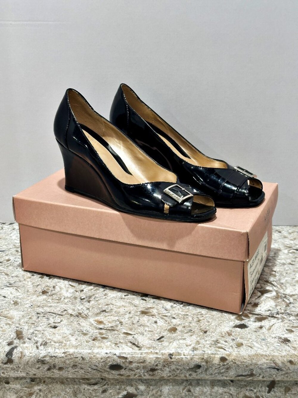 Alex Marie Cadence Womens 7 Black Patent Leather Peep Toe Wedge Heels Y2K Box